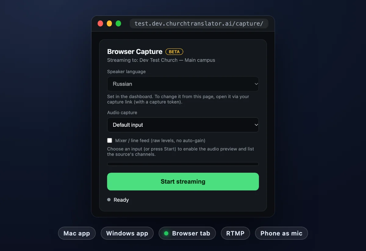 The browser capture page with speaker language, audio input, and a Start streaming button