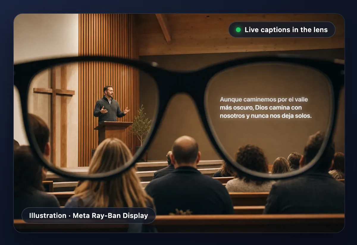Illustration: the view through Meta Ray-Ban Display glasses during a sermon, with Spanish captions glowing in the right lens