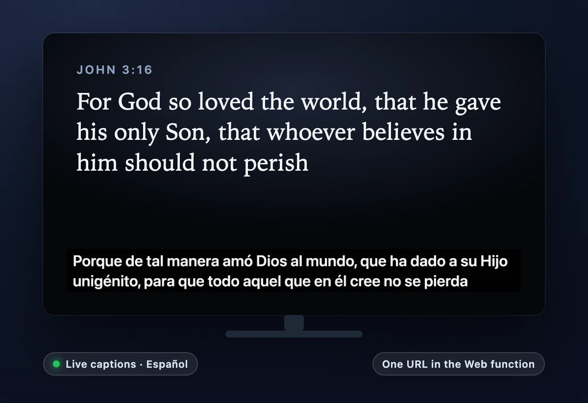 A projection screen showing a sermon slide with a live Spanish caption in a lower third