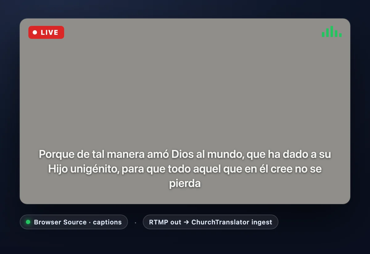 A livestream frame with a transparent caption overlay and a second output feeding the translation ingest