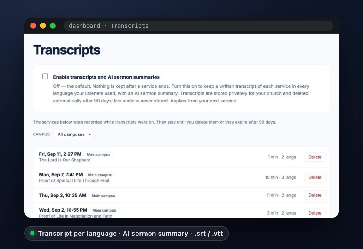 The dashboard's Transcripts page listing recorded services with their titles, durations and languages
