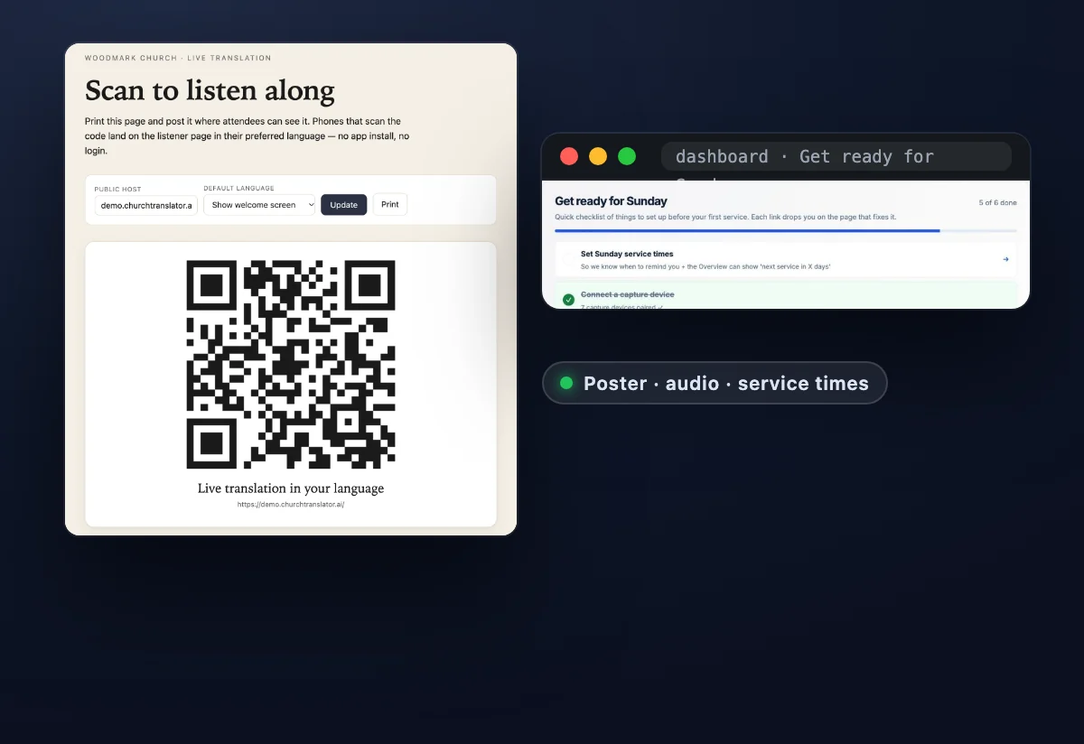 The printable QR poster beside the dashboard's Get ready for Sunday checklist