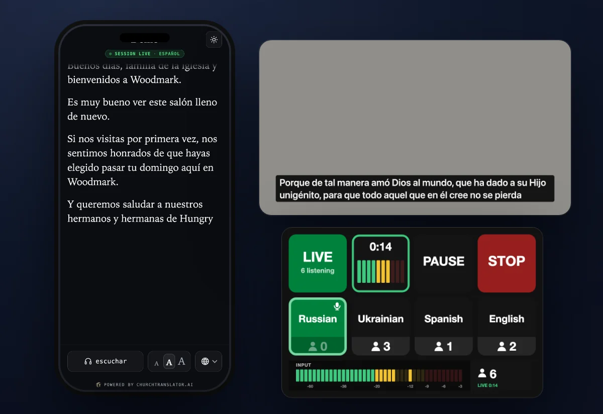 A phone showing live Spanish captions, a screen with a caption lower third, and the Stream Deck control keys