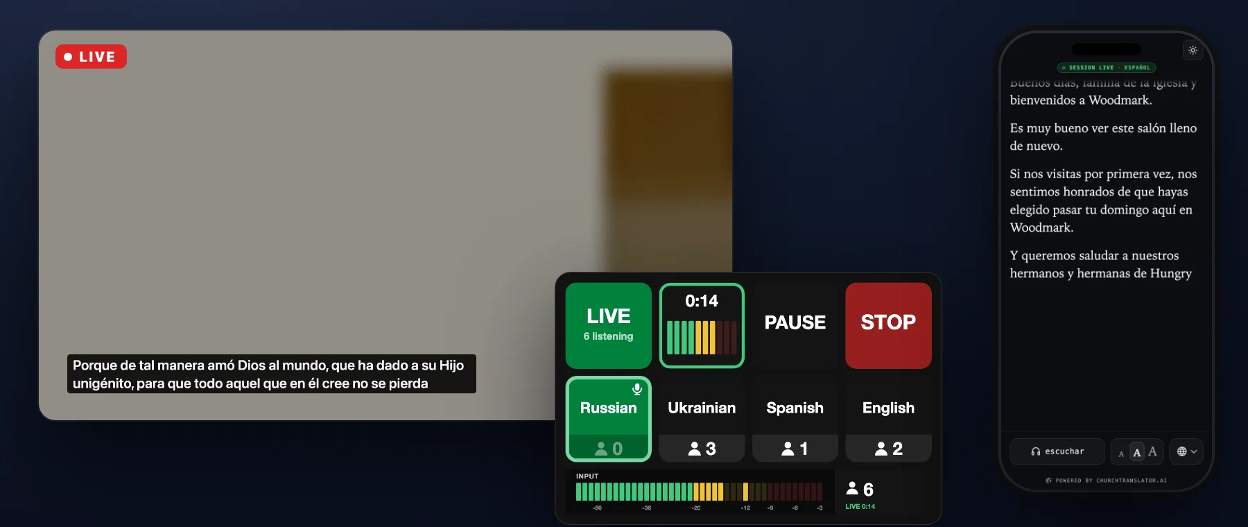 A Stream Deck with LIVE and language keys, a livestream frame with a Spanish caption, and a phone showing the live listener page
