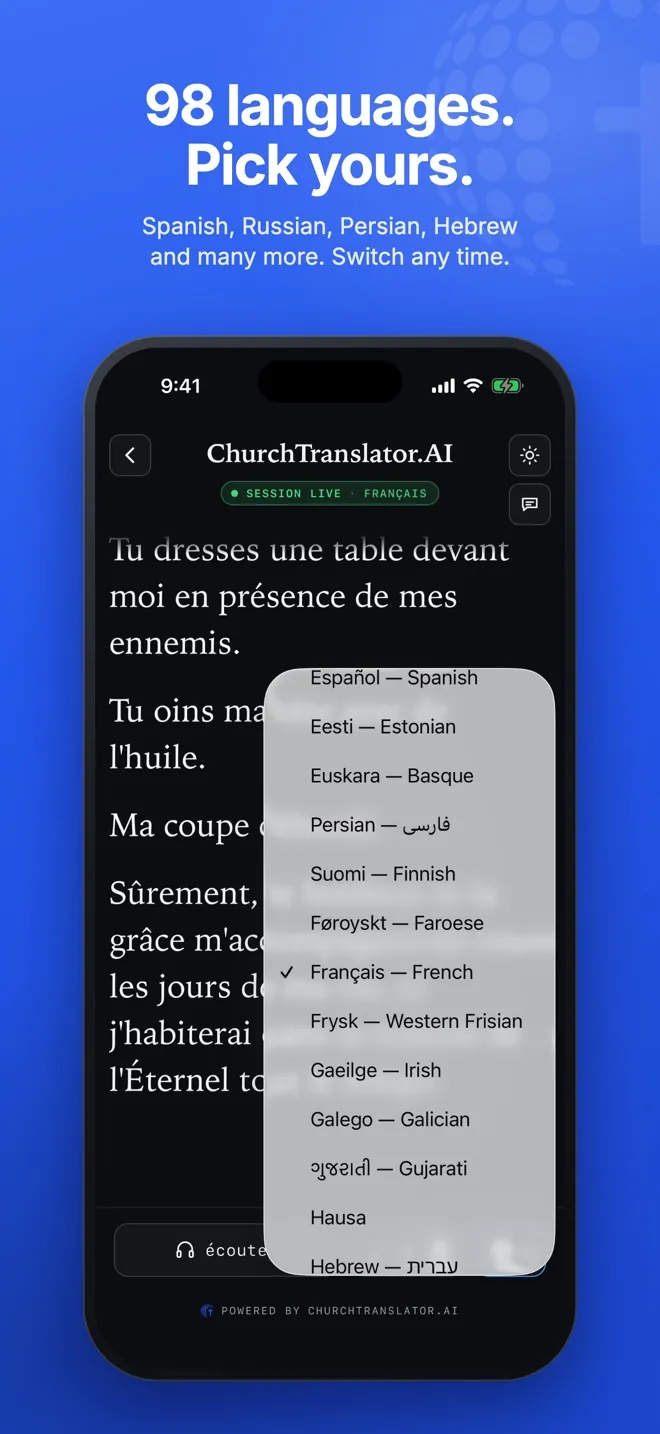 The language menu, open over French captions