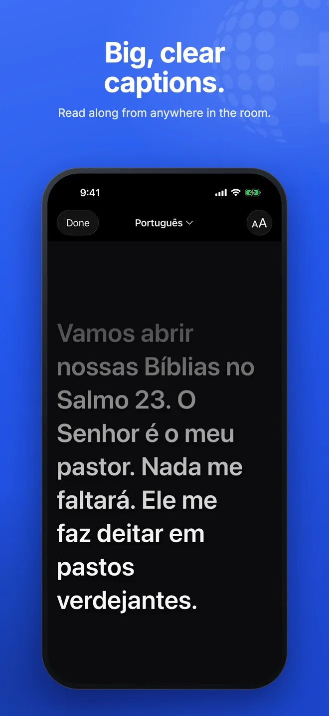 Large Portuguese captions filling the screen