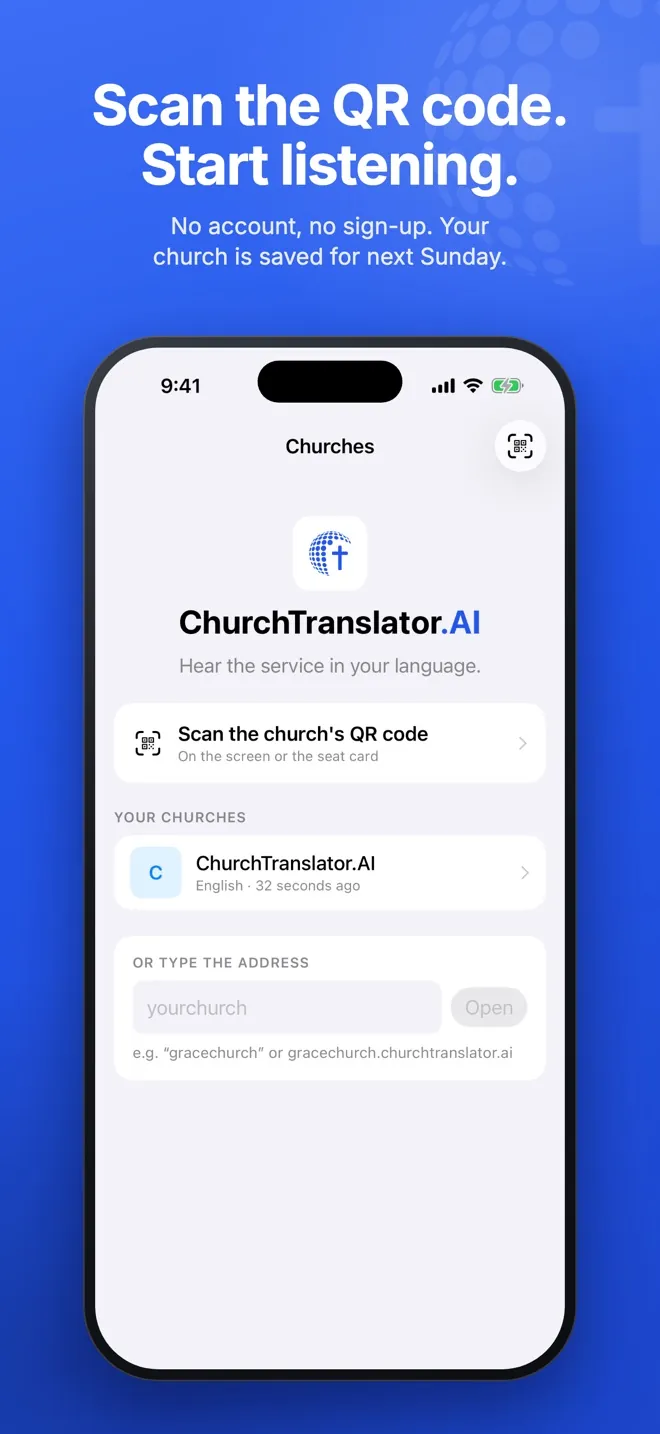 The app's Churches screen: scan a QR code, your churches, or type an address
