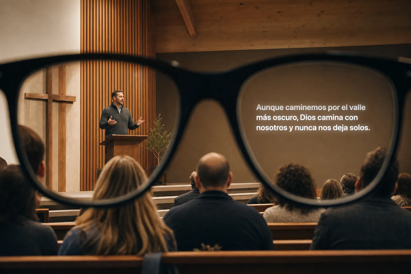 The view through Meta Ray-Ban Display glasses during a sermon: the pastor at the lectern, and Spanish captions glowing in the right lens