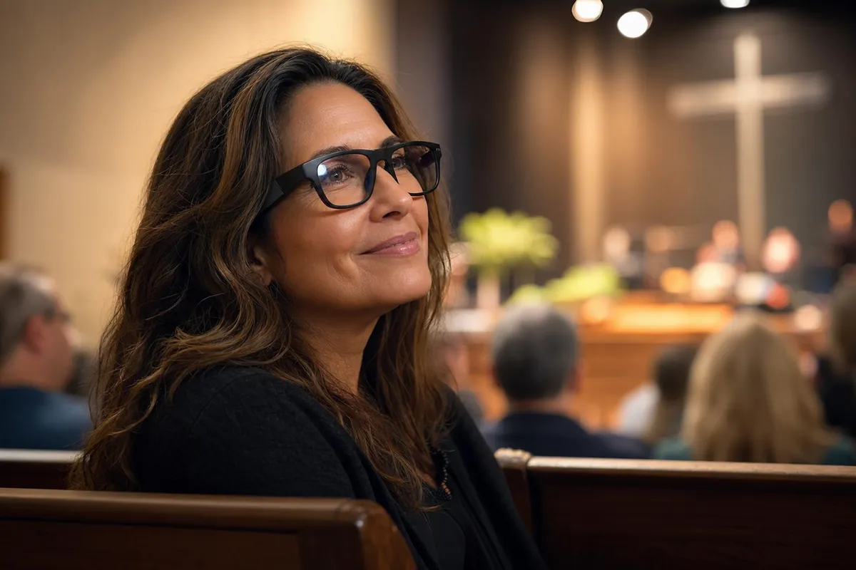 Illustration: a woman in a church pew wearing smart glasses, smiling as she listens to the sermon