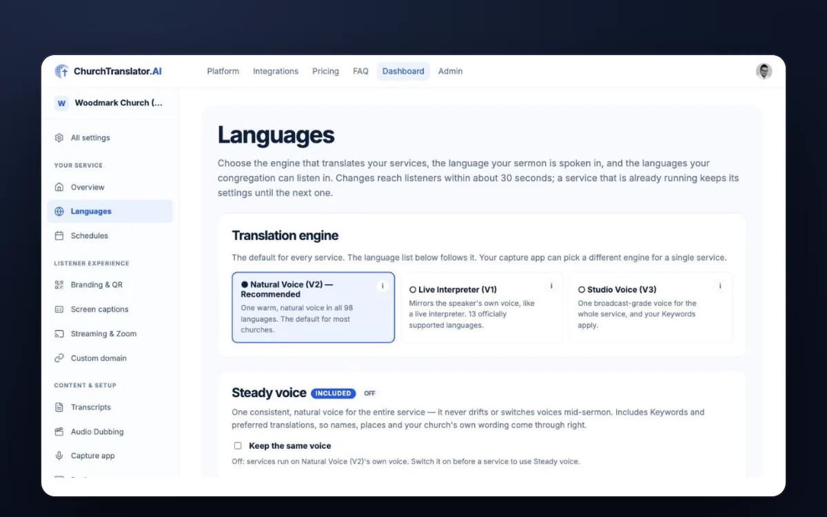 The church dashboard with its sidebar and the Languages page