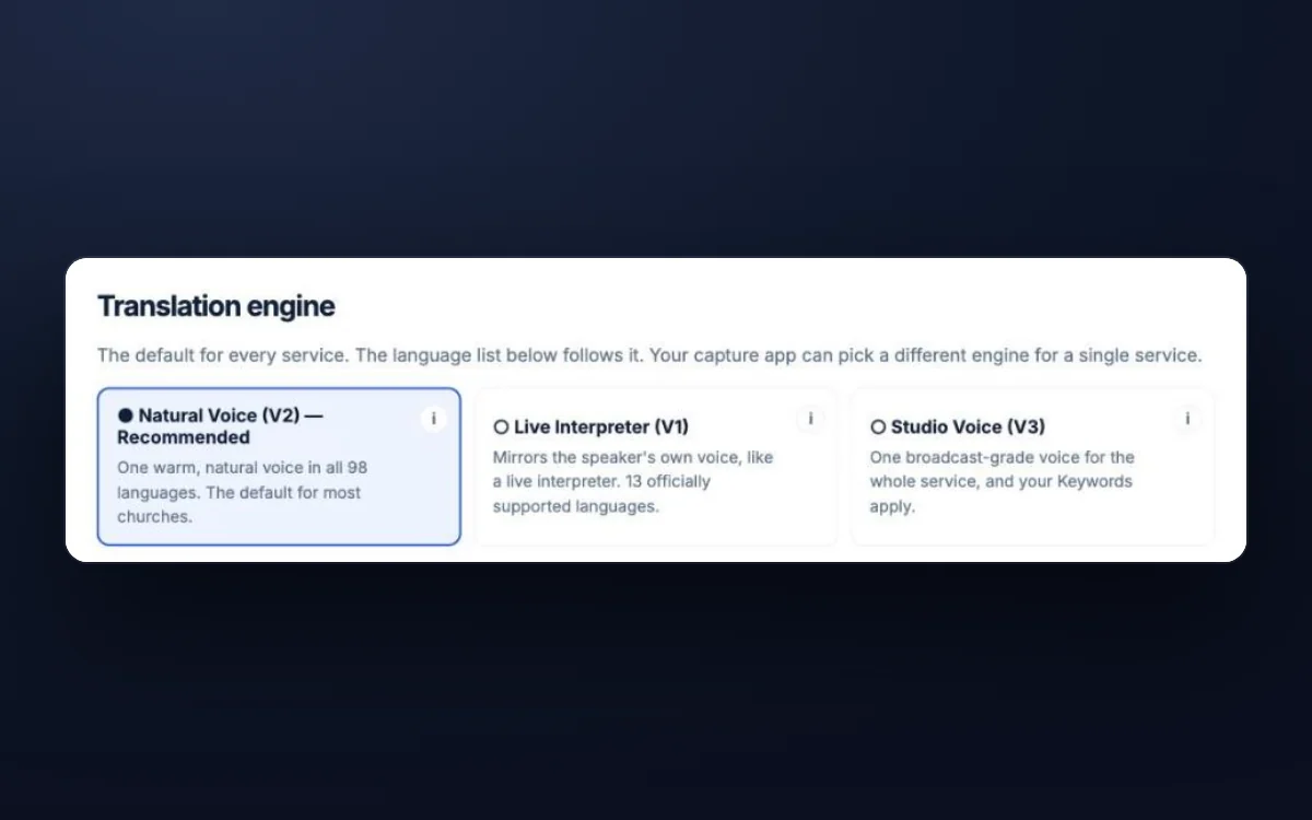 The dashboard's Translation engine picker: Natural Voice (V2), Live Interpreter (V1), Studio Voice (V3)